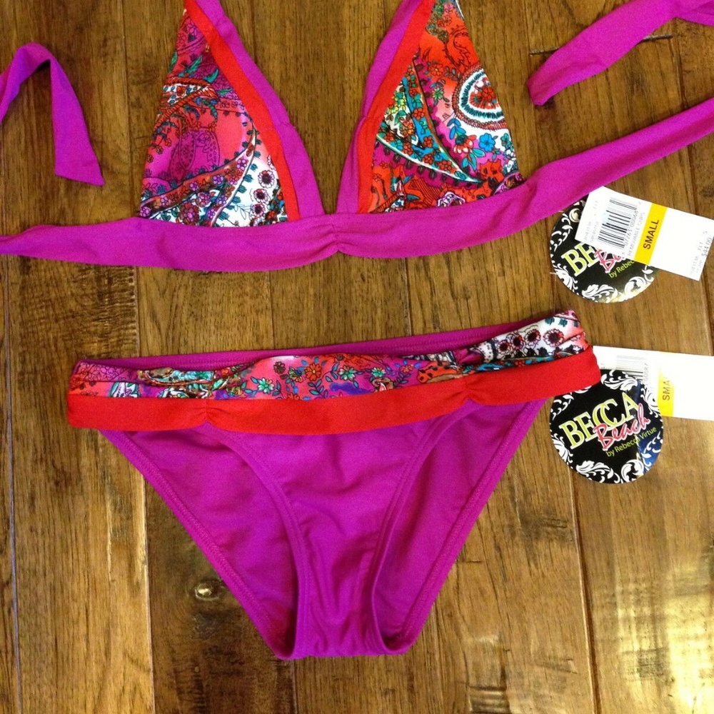 NWT $88 BECCA PINK PAISLEY BIKINI SWIM SMALL TOP & SMALL BOTTOM - Picture 3 of 6